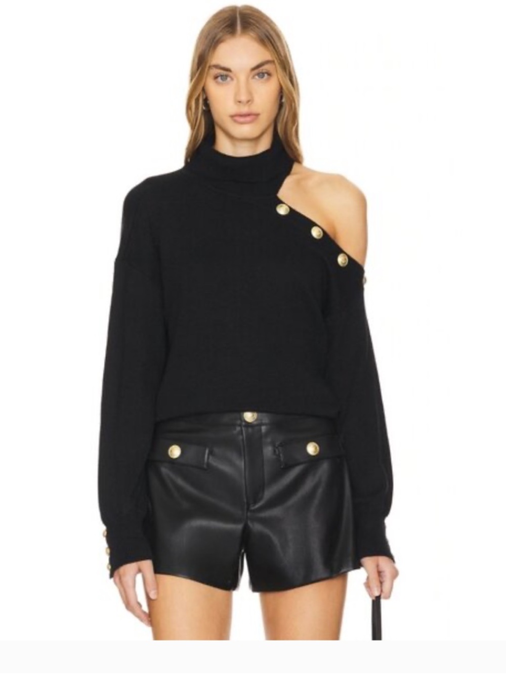 L'AGENCE Brixie Turtleneck cold shoulder Sweater with Gold Buttons